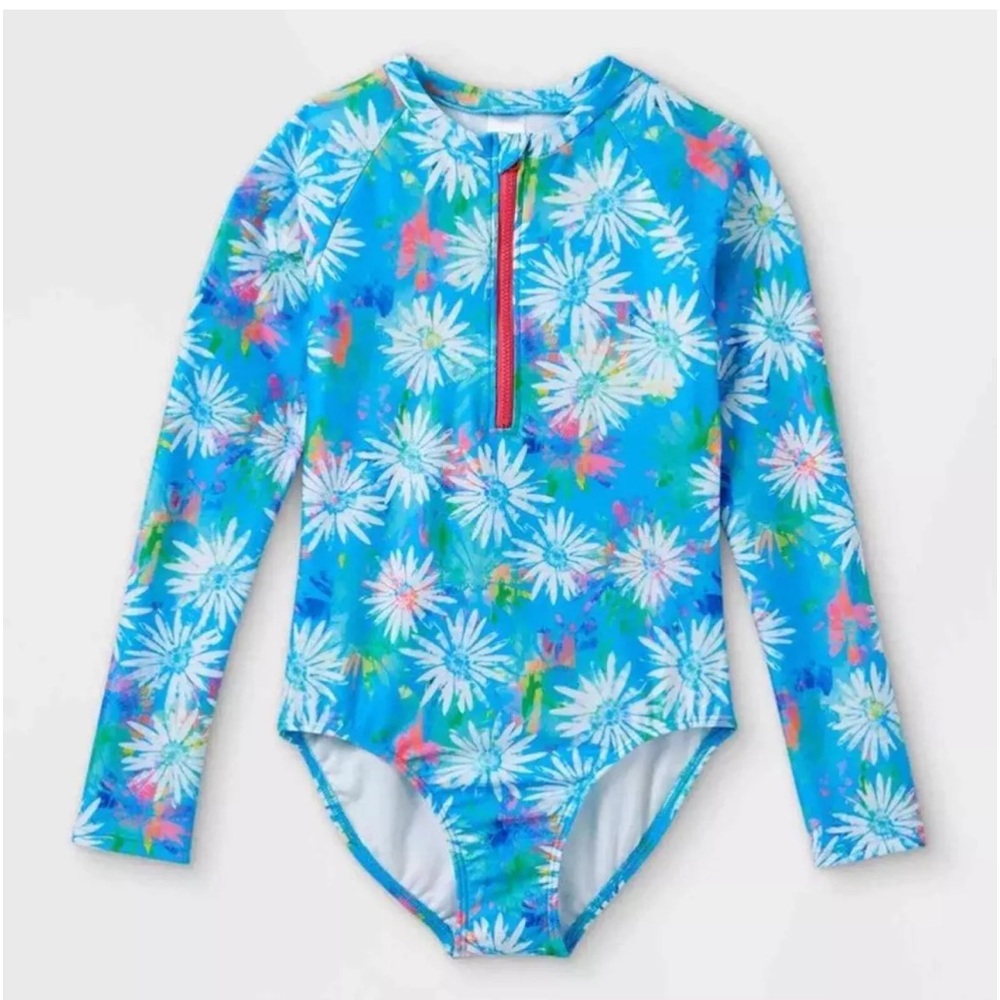 Cat & Jack Girls Long Sleeve Zip One Piece Rashguard Blue Floral Medium 7/8